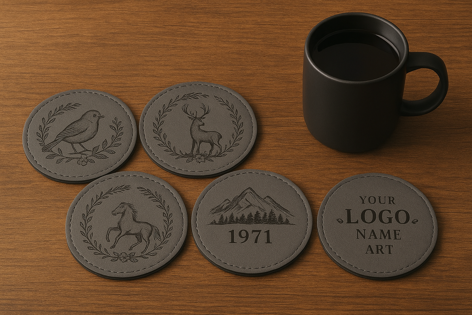 Engraved Leather Coaster Set – Matte Grey - TrueHue